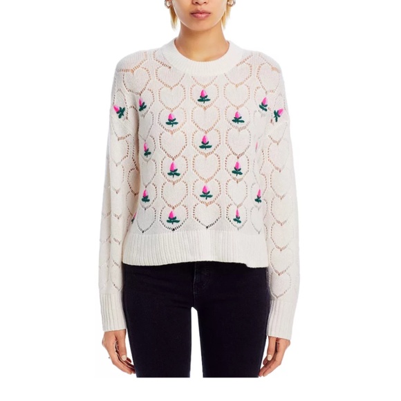 Luxurious 100% Cashmere Pointelle Embroidered Crewneck Sweater By Aqua in Ivory - Picture 6 of 8